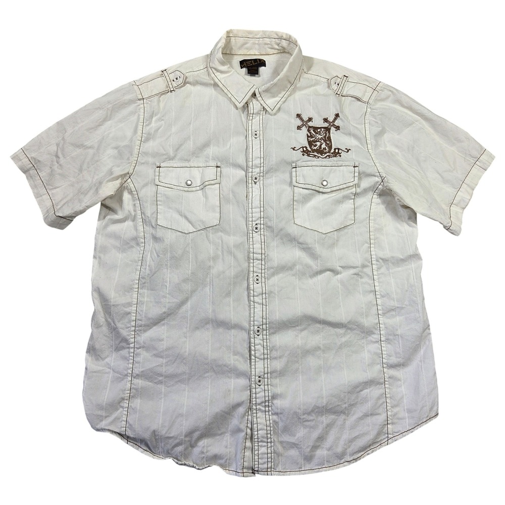 Helix Mens XL White Short Sleeve Button Down Shirt Crest Graphic Epaulettes Y2K